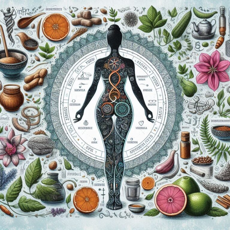 An artistic representation of Ayurveda principles for reducing belly fat, featuring natural elements like herbs, yoga poses, and a balanced lifestyle. Include symbols of Kapha Dosha and holistic wellness.