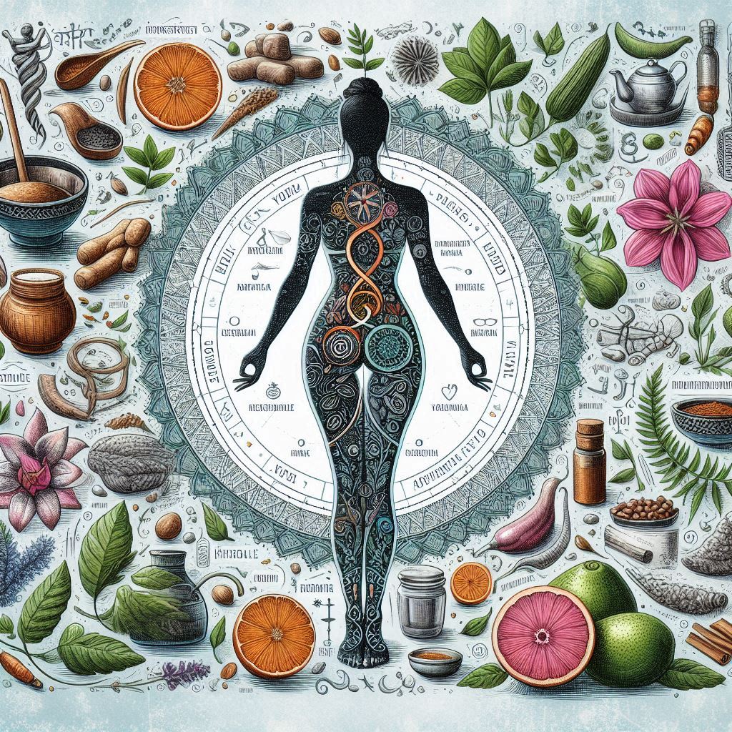 An artistic representation of Ayurveda principles for reducing belly fat, featuring natural elements like herbs, yoga poses, and a balanced lifestyle. Include symbols of Kapha Dosha and holistic wellness.