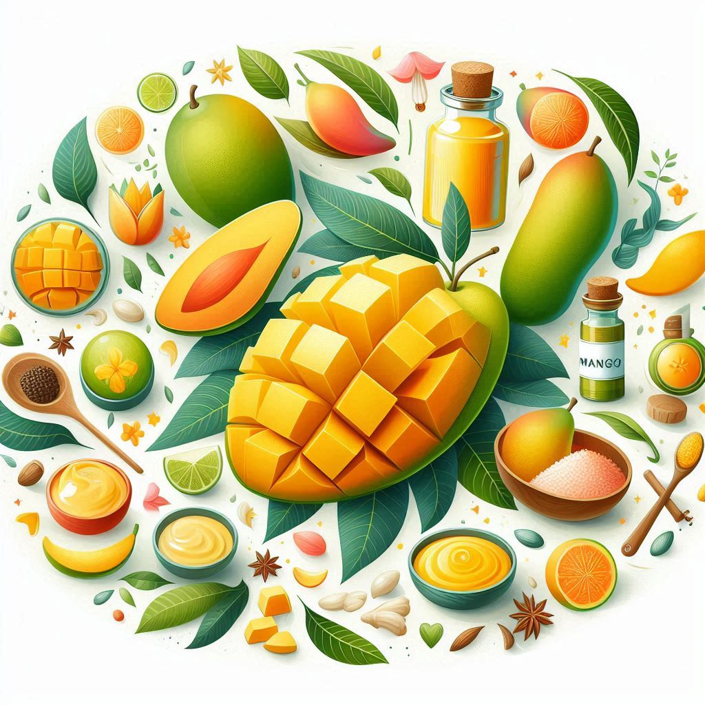 Benefits and Uses of Mango, including its fruit, leaves, bark, and more, depicted in a vibrant and tropical setting