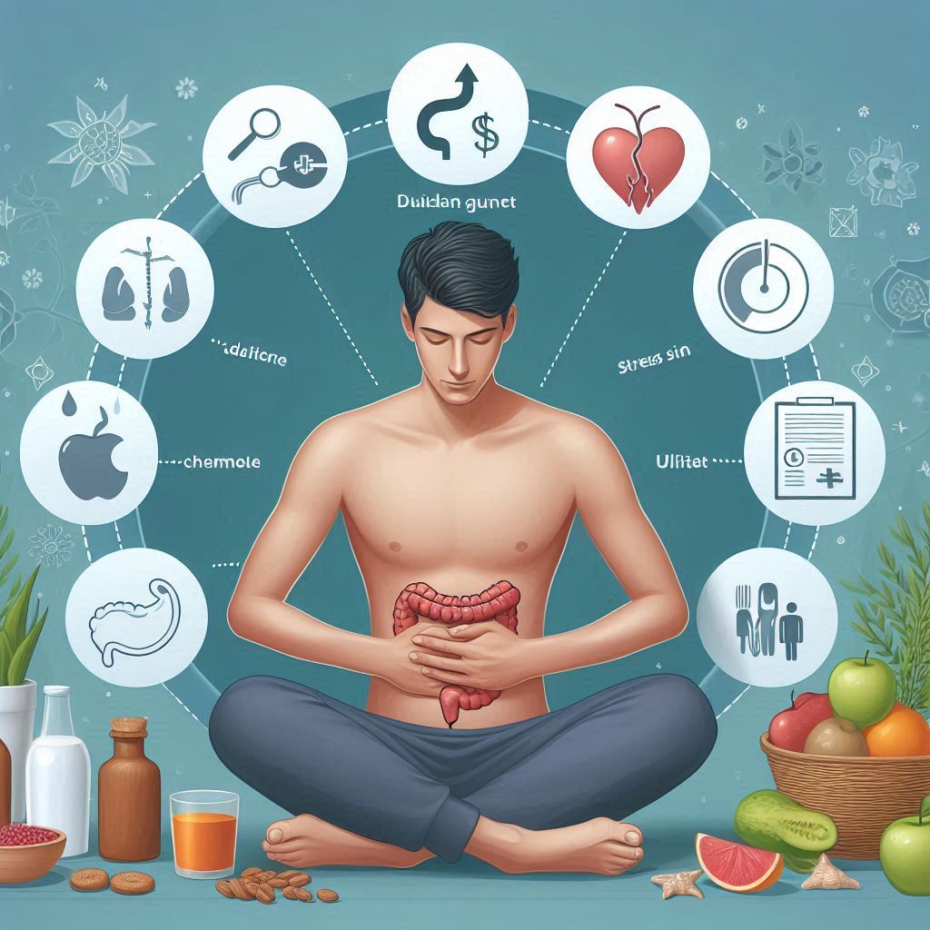 How To Prevent Abdominal Pain In Ulcerative Colitis, focusing on dietary adjustments, stress management, and medical treatments, depicted in a calming and supportive health setting