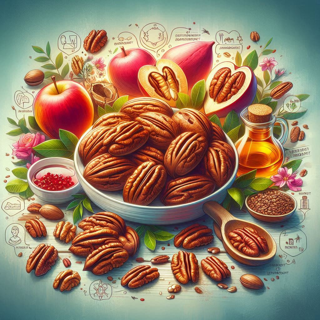 Pecans_ 10 Science-Backed Health Benefits, including heart health, antioxidants, weight management, and brain support, depicted in a vibrant and healthy lifestyle setting