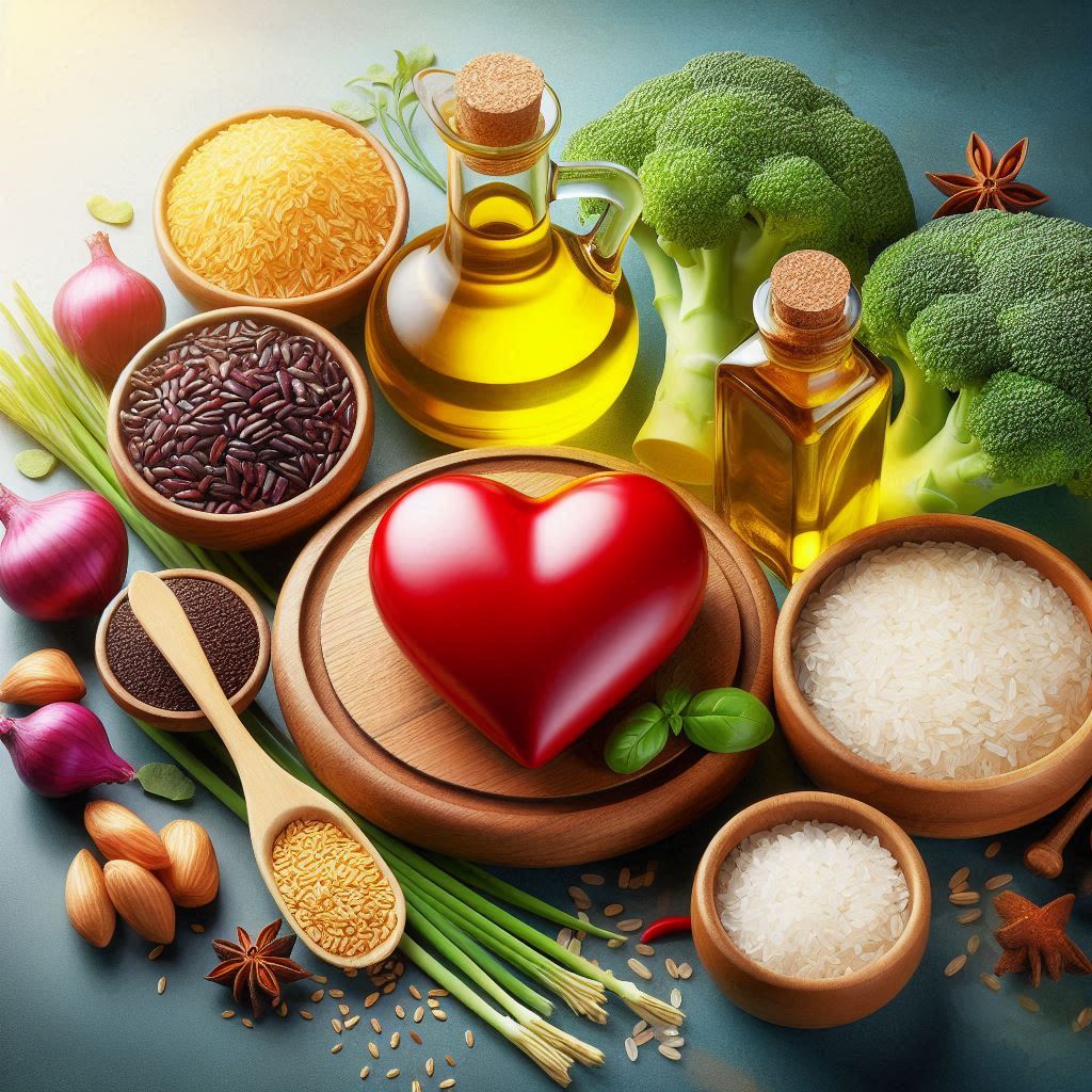Rice Bran Oil benefits, including heart health, cholesterol reduction, blood sugar regulation, high smoke point, and antioxidants, depicted in a vibrant and healthy cooking setting