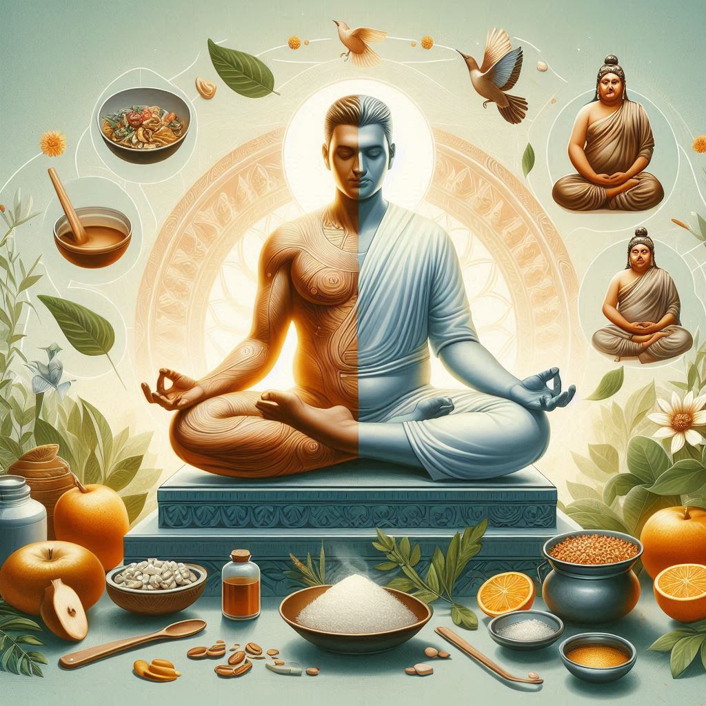 Understanding Ayurveda in the Treatment of Obesity, depicting the balance of modern lifestyles, nutrition, and traditional Ayurvedic practices in a harmonious and health-focused setting