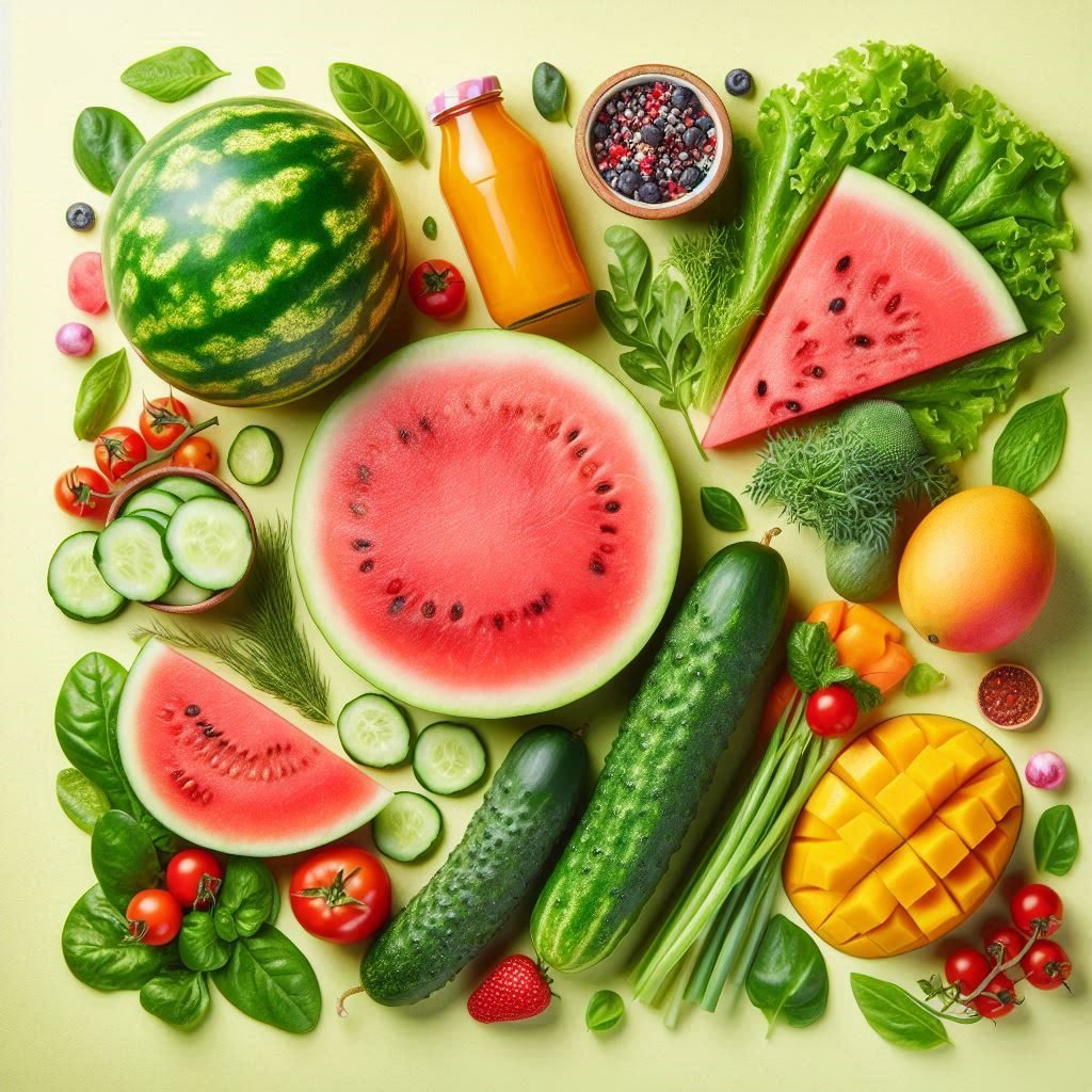 top 10 summer fruits and vegetables to stay cool, hydrated, and healthy, including watermelon, cucumber, mango, and leafy greens, depicted in a vibrant and eco-friendly summer setting