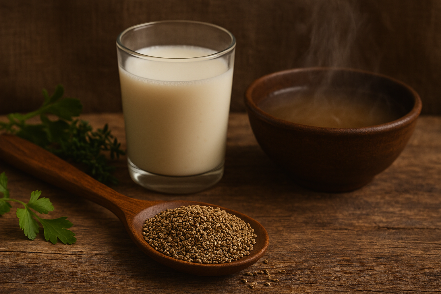 Ajwain seeds in a wooden bowl with herbs and natural home remedies for gas, pain, and sinus